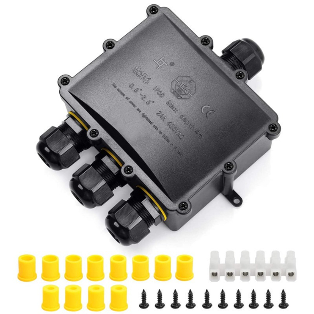 Outdoor Power Junction Box - 4Way 1In3Out IP68 Waterproof 4-14mm Solar